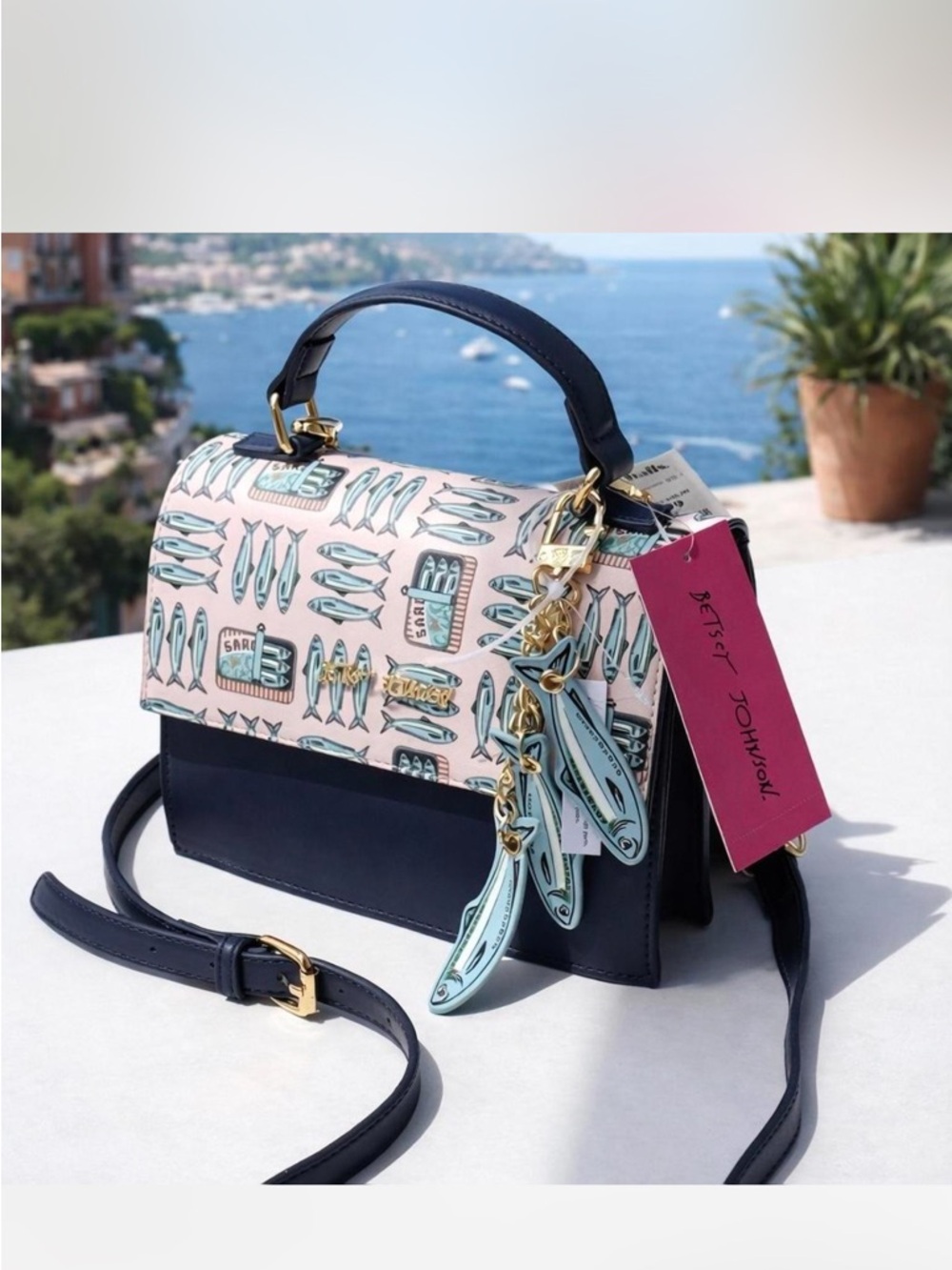 NWT Betsey Johnson Viral Sardine Print Crossbody Bag / Satchel with Bag Charm